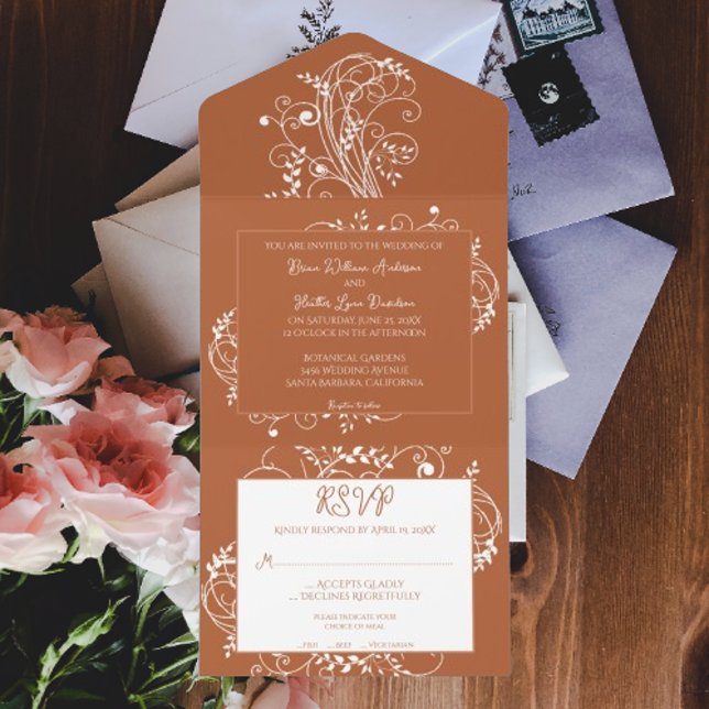 Casamento de Farinha Laranja Queimada (Burnt Orange Flourish All in One Wedding Invite)