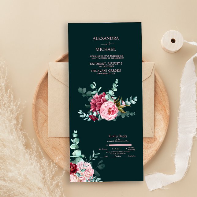 Casamento de Flores Borgonha Aquarela Verde Esmera (Criador carregado)