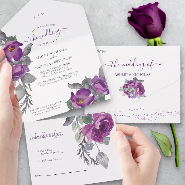 Casamento de Flores de Água Púrpura Elegante (All in One Wedding Invitation with tear-off RSVP from my Plush Purple Wedding Collection)