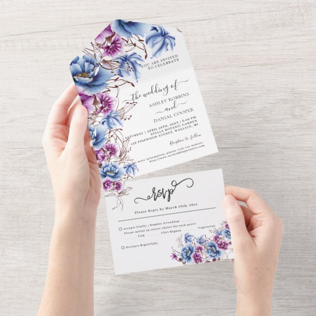 Casamento De Flores De Violeta Azul Elegante Em Um (Aba destacável)