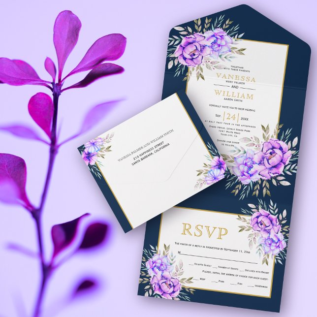 Casamento de flores e folhas de aquarelas roxas (Criador carregado)
