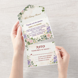 Casamento de flores roxas e brancas suaves