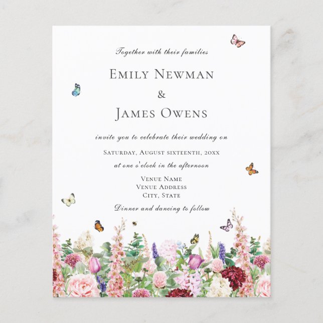 Casamento de Flores Selvagens e Borboletas Rosa-de (Frente)