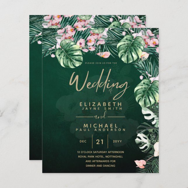 Casamento de Folha Floral Rosa Verde Tropical Leah (Frente/Verso)