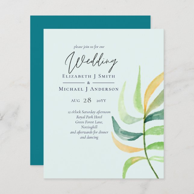 Casamento de Folha Tropical Azul Verde-Vidro-Mar (Frente/Verso)