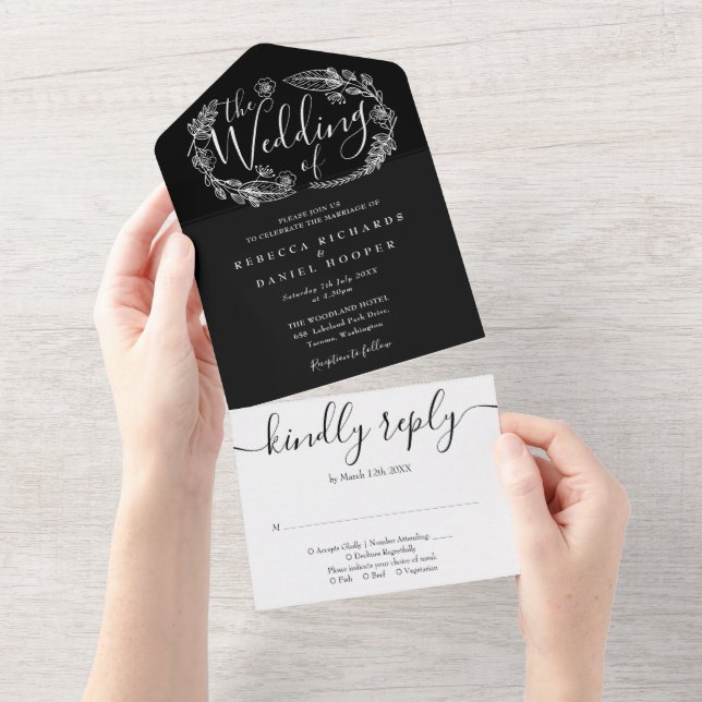 Casamento de Folhagem com Letra Elegante Preto e B (Aba destacável)