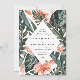 Casamento de folhagem de coral rosa e folhas tropi