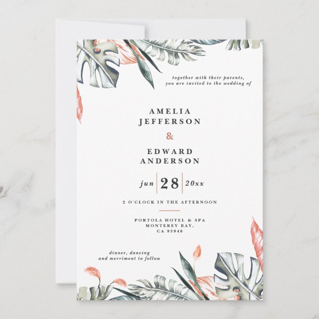 Casamento de folhas de cor rosa-coral e folha trop (Frente)