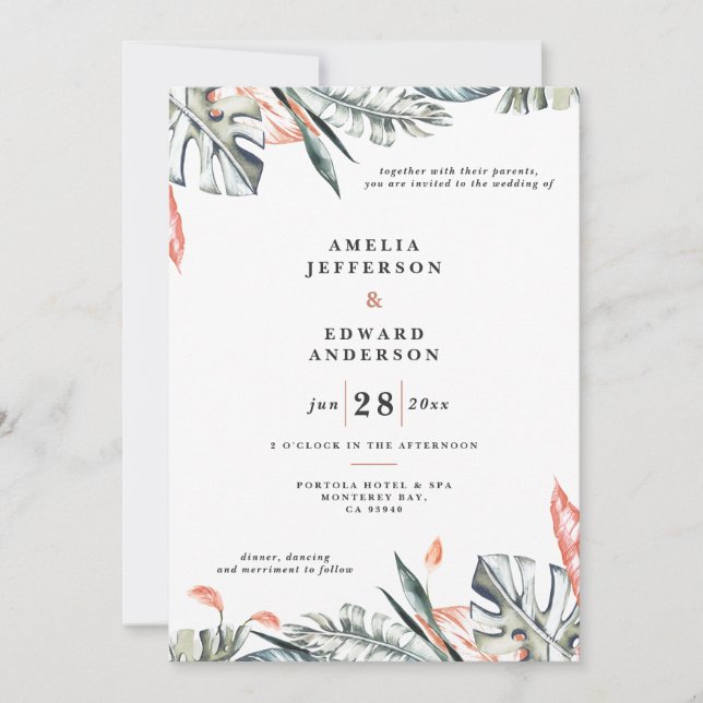 Casamento de folhas de cor rosa-coral e folha trop (Frente)