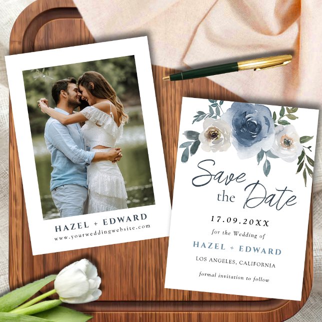 Casamento De Foto Azul Dusty Salva O Convite De Da (Dusty Blue Photo Wedding Save The Date Invitation)