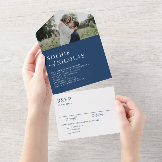 Casamento de Foto com Escrita à Mão Moderna Azul N (Aba destacável)