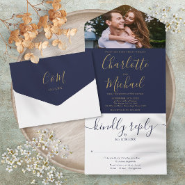 Casamento de Foto com Monograma em Script Azul Mar