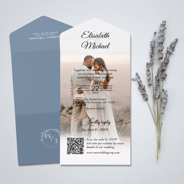 Casamento de Foto do Código QR Azul Elegante (All-in-one wedding invitation with QR code to RSVP - Simplify and save time for you and your guests.)