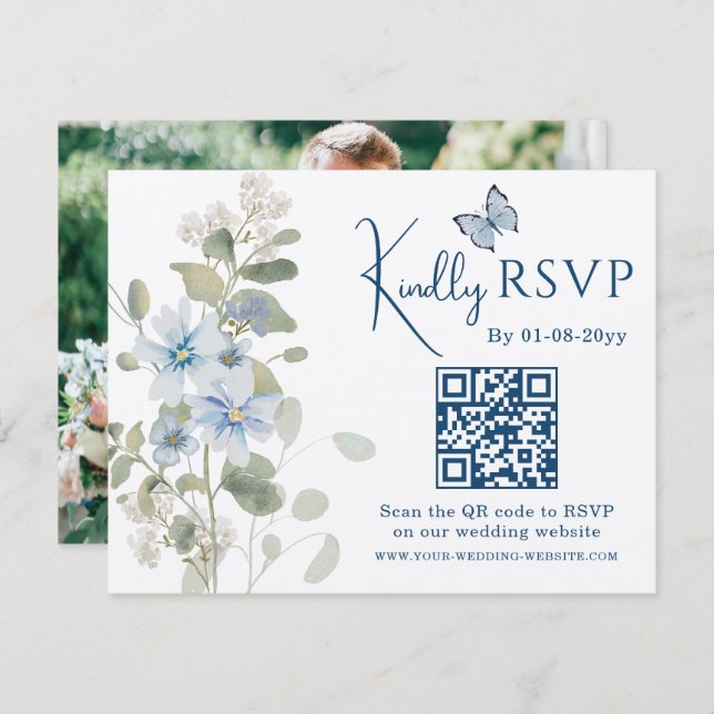 Casamento de Foto do Código QR RSVP Floral Românti (Frente/Verso)
