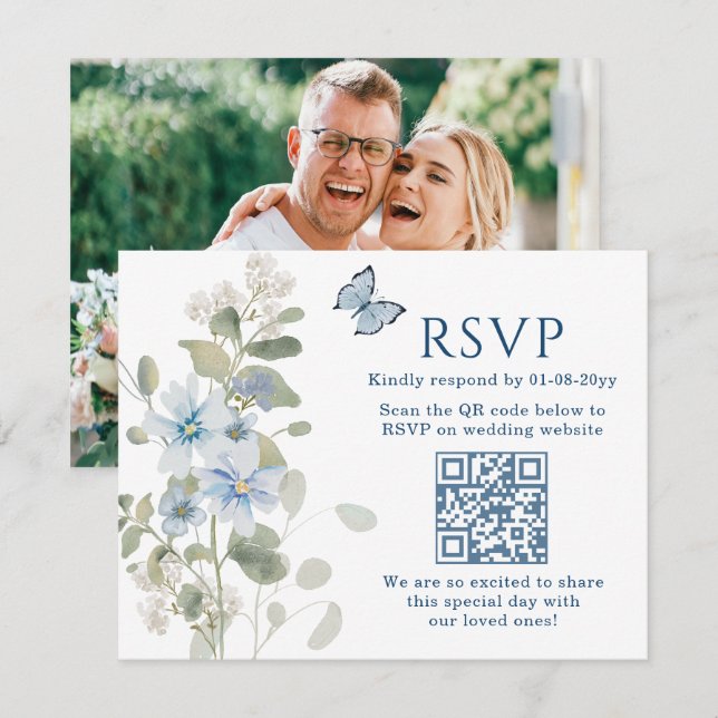 Casamento de Foto do Código QR RSVP Floral Românti (Frente/Verso)