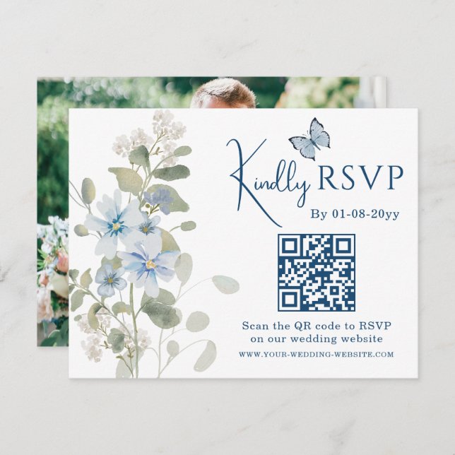 Casamento de Foto do Código QR RSVP Floral Românti (Frente/Verso)