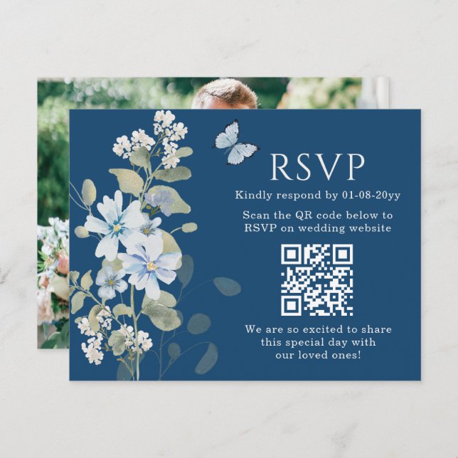 Casamento de Foto do Código QR RSVP Floral Românti (Frente/Verso)