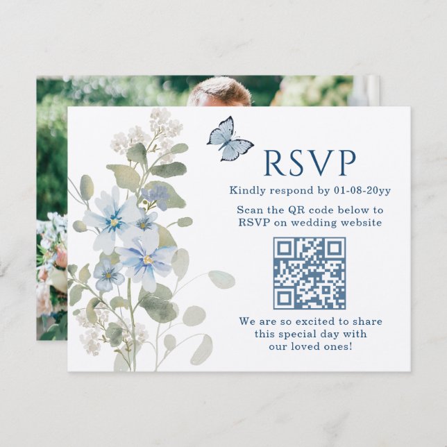 Casamento de Foto do Código QR RSVP Floral Românti (Frente/Verso)