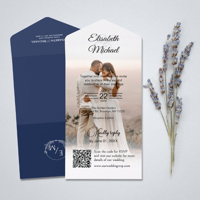 Casamento de Foto do Site de Código QR Azul do Mar (All-in-one wedding invitation with QR code to RSVP - Simplify and save time for you and your guests.)