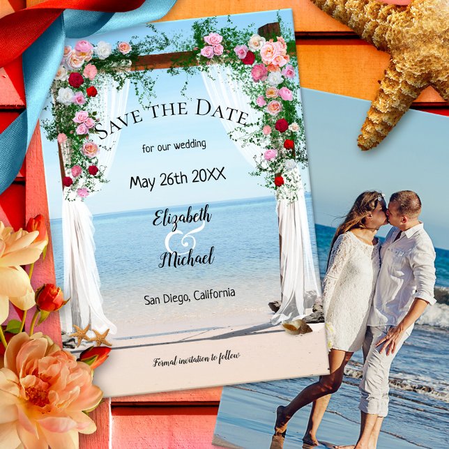 Casamento de Foto em Beach Arbor Salve o Cartão de (Save the Date card with a rose arbor at the beach and your custom photo)