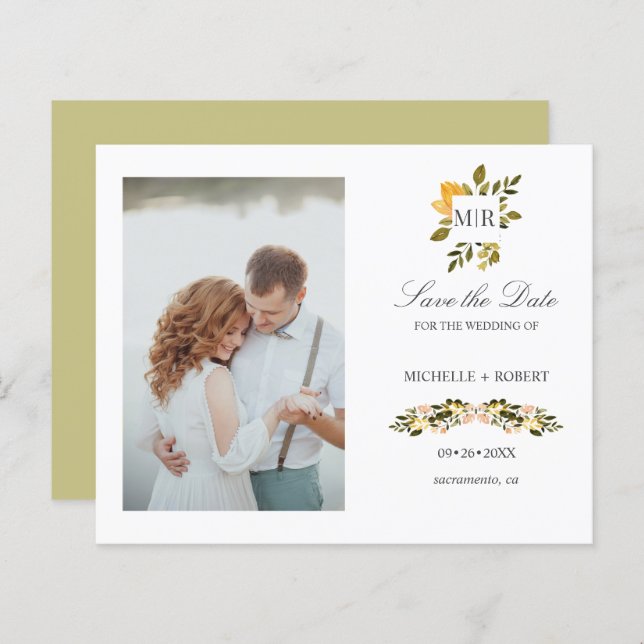 Casamento de Foto Floral Amarelo Monograma SALVAR  (Frente/Verso)