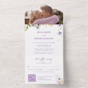 Casamento de Foto Floral Amarelo-Púrpura Elegante