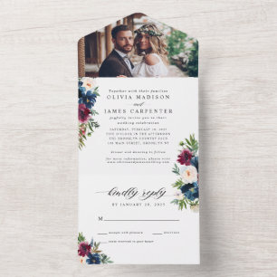 Casamento de Foto Floral Azul Burgundy, Marinho El