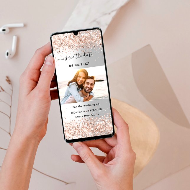 Casamento de foto rosa ouro de prata Salve a data (Criador carregado)