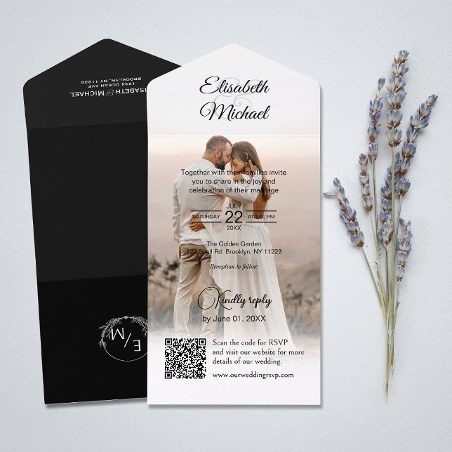 Casamento de Fotografias do Código QR Branco e Pre (All-in-one wedding invitation with QR code to RSVP - Simplify and save time for you and your guests.)