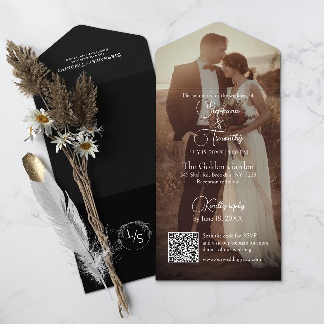 Casamento de Fotografias do Código QR Preto e Bran (All-in-one wedding invitation with QR code to RSVP - Simplify and save time for you and your guests.)