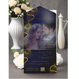 Casamento de Fotografias Douradas e Azul Elegante