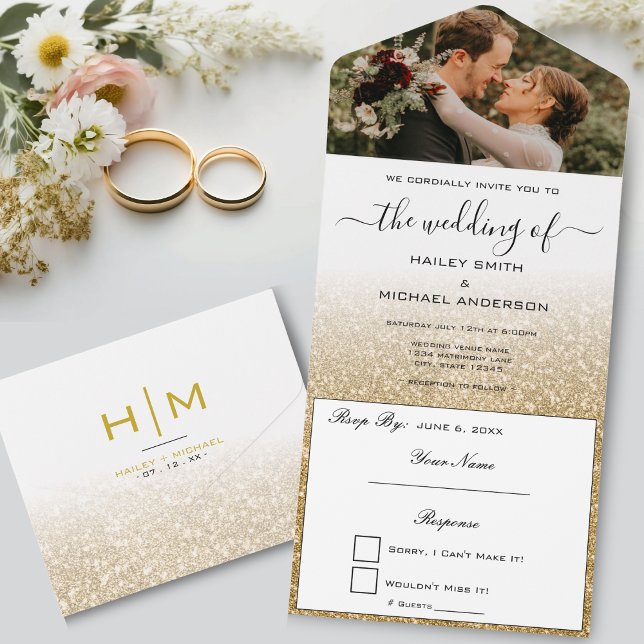 Casamento de Fotografias Modernas Elegante de Ombr (Gold Glitter Ombre Elegant Modern Photo Wedding All In One Invitation)