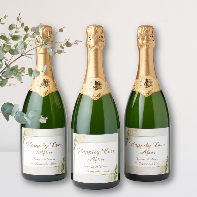 Casamento de Fotos Elegante Verde e Dourada (Elegant Green & Gold Wedding Sparkling Wine Label)