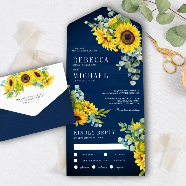 Casamento de Girassóis de Madeira Azul-Naval e Euc (Criador carregado)