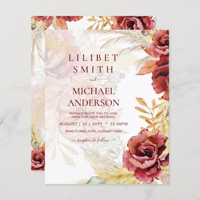 Casamento de Grass Rosa Pampas Burgundy BOHO (Frente/Verso)