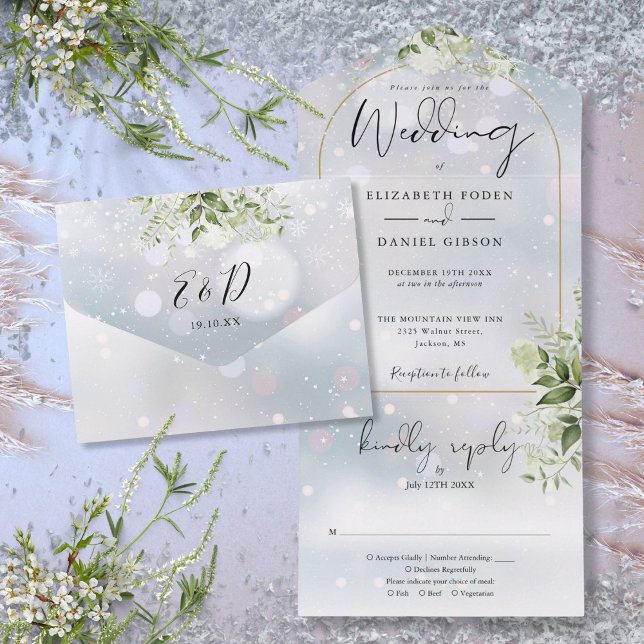 Casamento de Inverno com Arco de Ouro Elegante (Elegant Gold Arch Winter Greenery Wedding All In One Invitation)