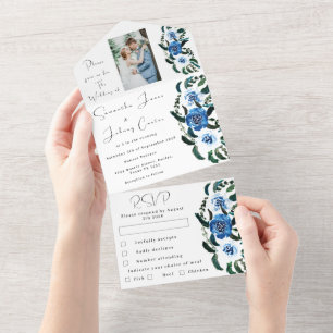 Casamento de Inverno com Foto Floral Azul Marinho