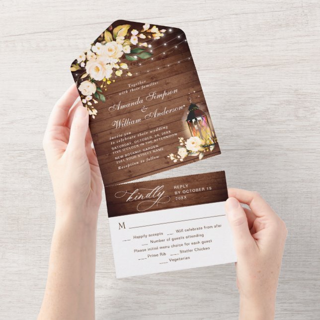 Casamento De Lanterna De Madeira Rústica Com Rosas (Aba destacável)