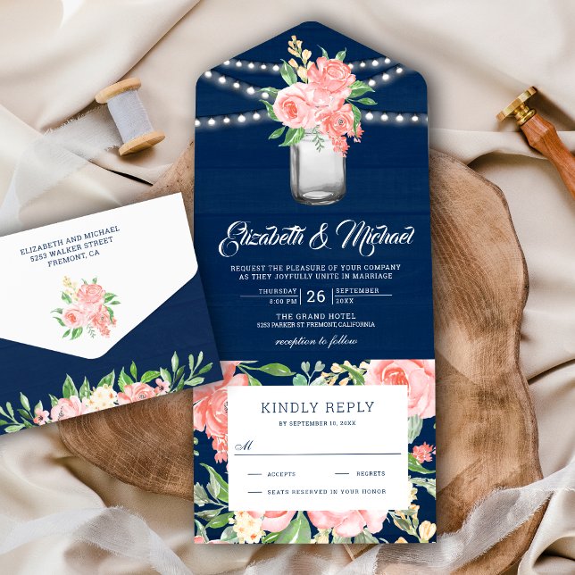 Casamento De Madeira Azul De Mason Jar Marinho Ros (Criador carregado)