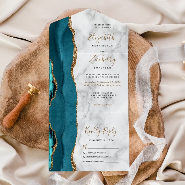 Casamento de Marble, Dourado Agate Teal Moderno (Criador carregado)