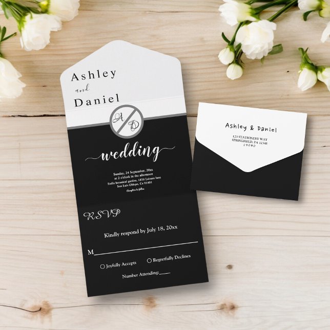 Casamento De Monograma Branco E Preto Moderno Eleg (Criador carregado)