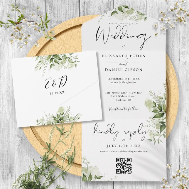 Casamento de Monograma de Código QR Floral Verde (Greenery Floral QR Code Monogram Wedding All In One Invitation)