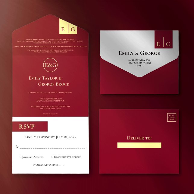 Casamento de Monograma Dourado Clássico Burgundy E (Criador carregado)