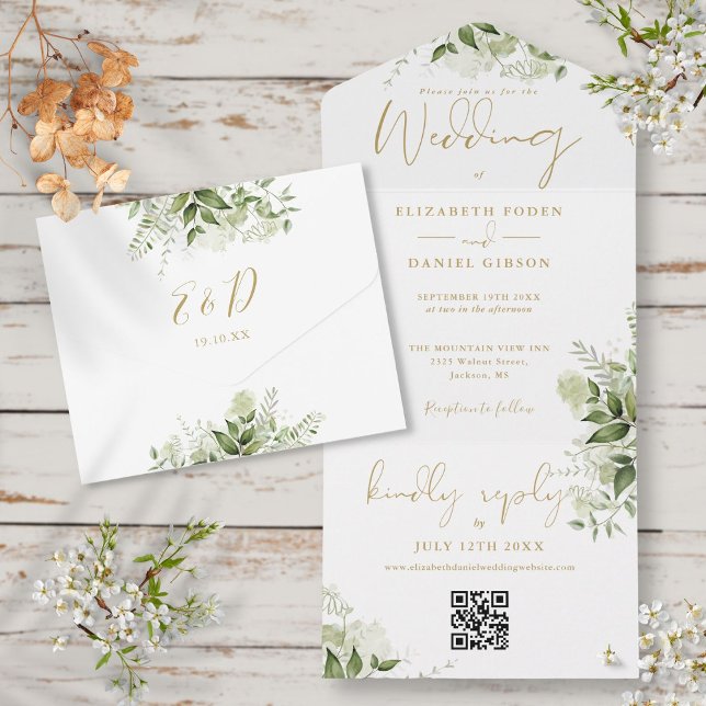 Casamento de Monograma Dourado com Código QR Flora (Greenery Floral QR Code Gold Monogram Wedding All In One Invitation)