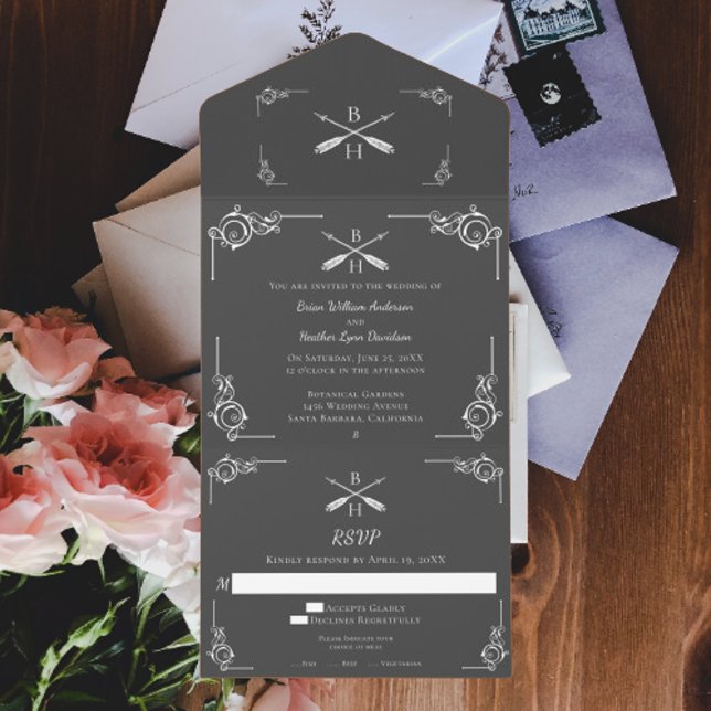 Casamento de Monograma e Setas de cinza (Gray Monogram and Arrows Wedding All in One Invitation)