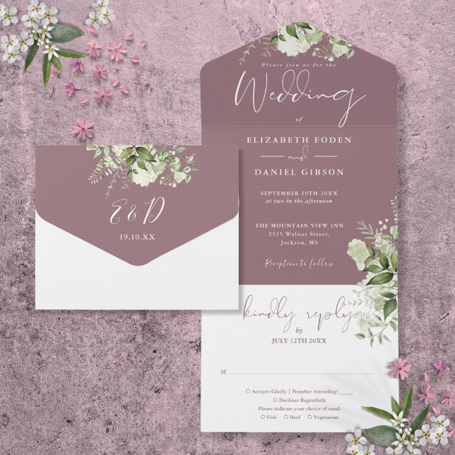 Casamento de Monograma Floral com Folhagem Roxa (Mauve Greenery Floral Monogram Wedding All In One Invitation)