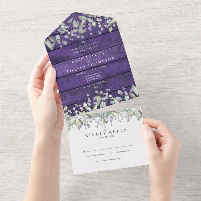 Casamento de Monograma Floral em Madeira Roxa Rúst (Aba destacável)
