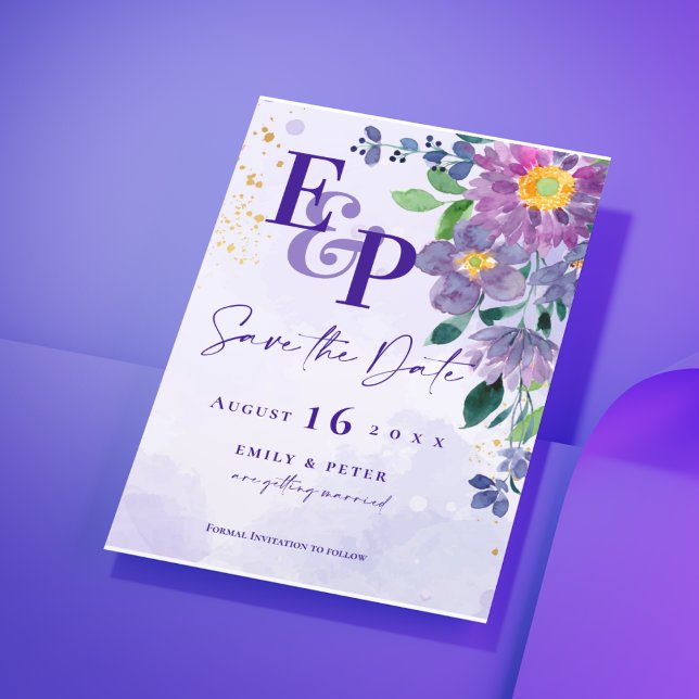 Casamento De Monograma Floral Roxo Salvar A Data (Cute Monogram Purple Floral Wedding Save The Date Invitation)