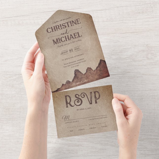 Casamento de montanhas castanhas com papel rústico (Aba destacável)