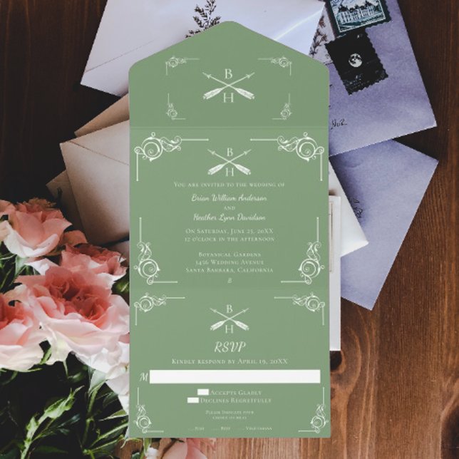 Casamento de Moss Green Monograma e Setas (Moss Green Monogram and Arrows Wedding All in One Invitation)